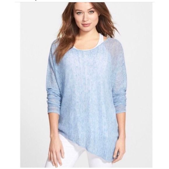 Eileen Fisher Tops - Sz L Eileen Fisher 100% Linen Top / Tunic w Asymmetrical Hem in Light Blue